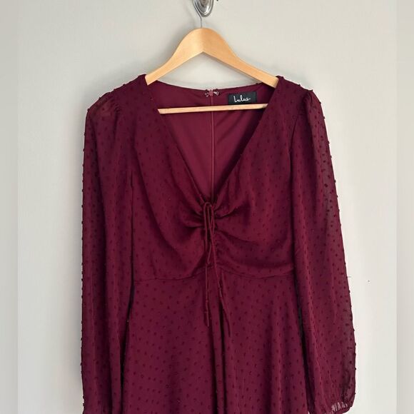 Lulus Wine and Dine Burgundy Swiss Dot Long Sleeve Skater Dress - Picture 5 of 14